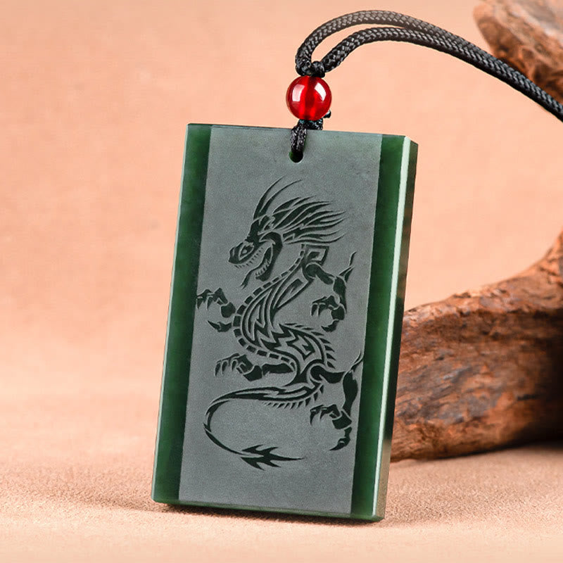 Wear FengShui Hetian Cyan Jade Dragon Engraved Success Necklace Pendant