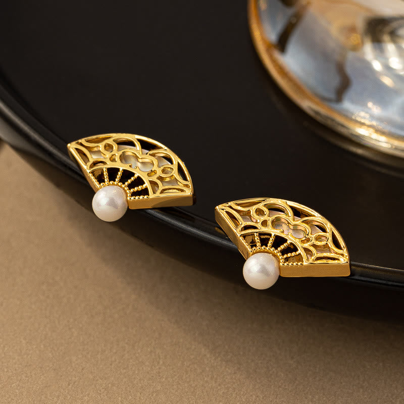 Wear FengShui 925 Sterling Silver Posts Fan Pattern Pearl Copper Wisdom Stud Drop Earrings