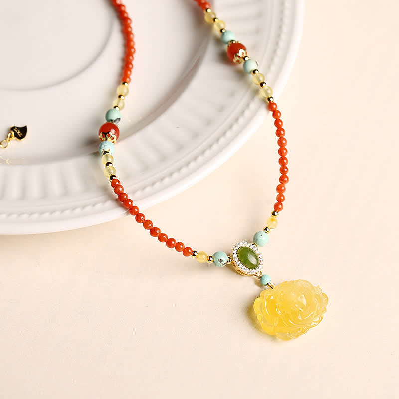 Wear FengShui 925 Sterling Silver Natural Red Agate Amber Peony Confidence Charm Necklace Pendant