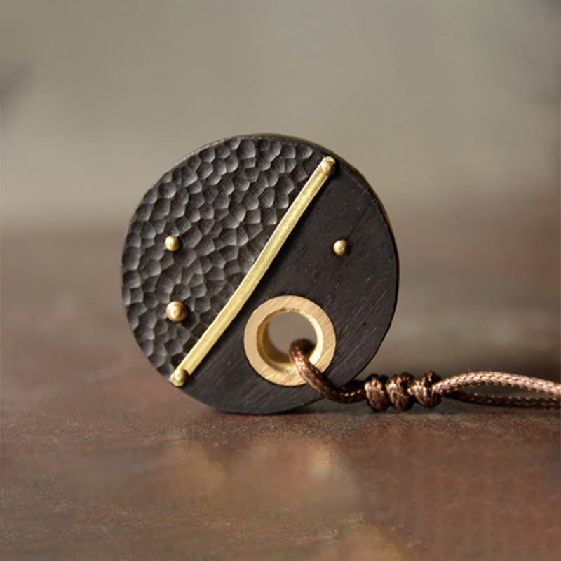 Wear FengShui Handcrafted Round Ebony Wood Brass Copper Peace Necklace Pendant