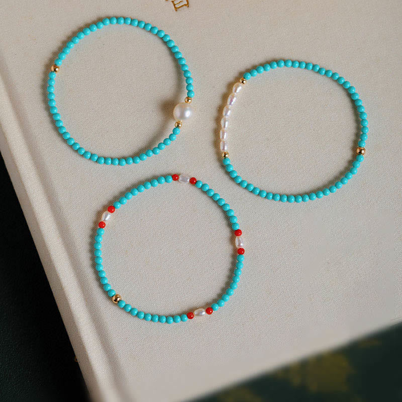 Wear FengShui Turquoise Red Agate Pearl Small Beaded Protection Bracelet