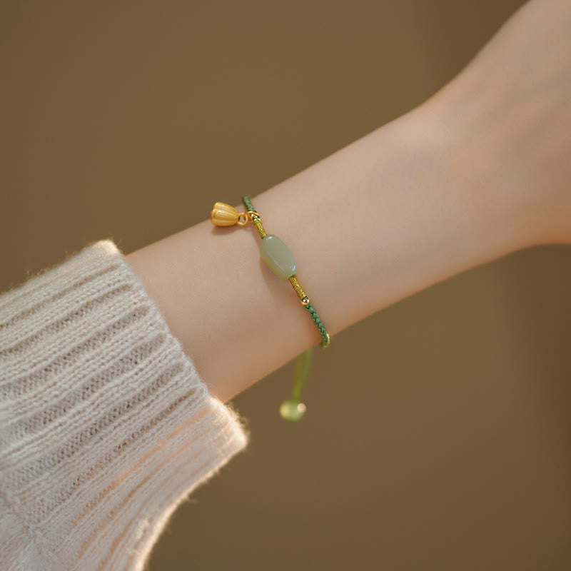 Wear FengShui Lotus Jade Peace Buckle Bead Luck Happiness Charm String Bracelet