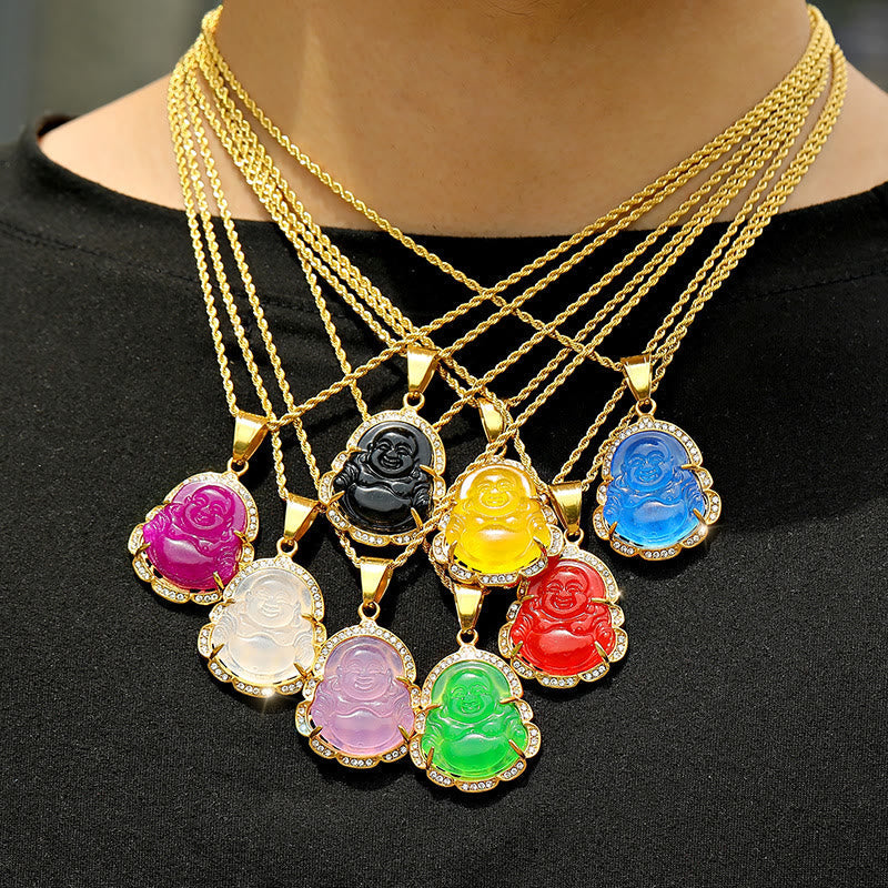 Wear FengShui 18K Gold Filled Laughing Buddha Jade Luck Necklace Chain Pendant