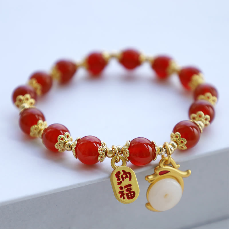 Wear FengShui Year of the Dragon Red Agate Green Aventurine Peace Buckle Fu Character Lucky Fortune Bracelet