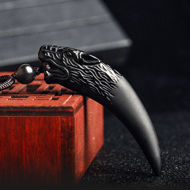 Wear FengShui Natural Black Obsidian Ice Obsidian Rainbow Obsidian Wolf Tooth Pattern Strength Necklace Pendant