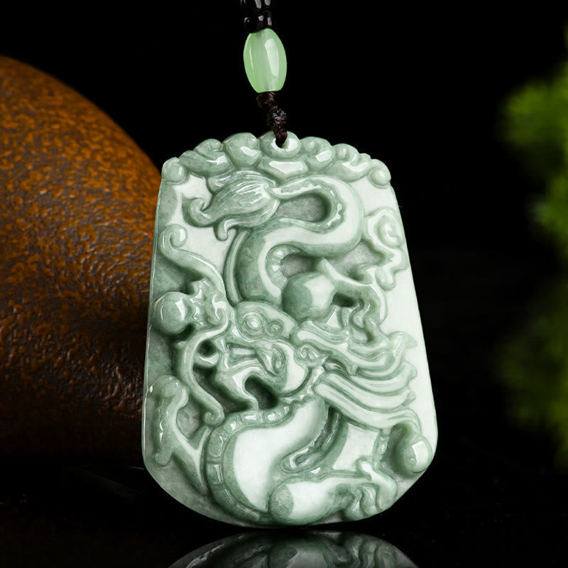 Wear FengShui Year Of The Dragon Chinese Zodiac Dragon Soaring Jade Protection Bead Chain Necklace Pendant