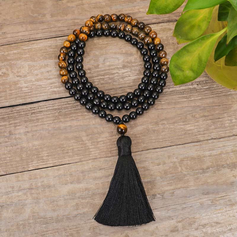 Wear FengShui Tibetan Black Onyx Tiger Eye Protection Necklace Mala Set