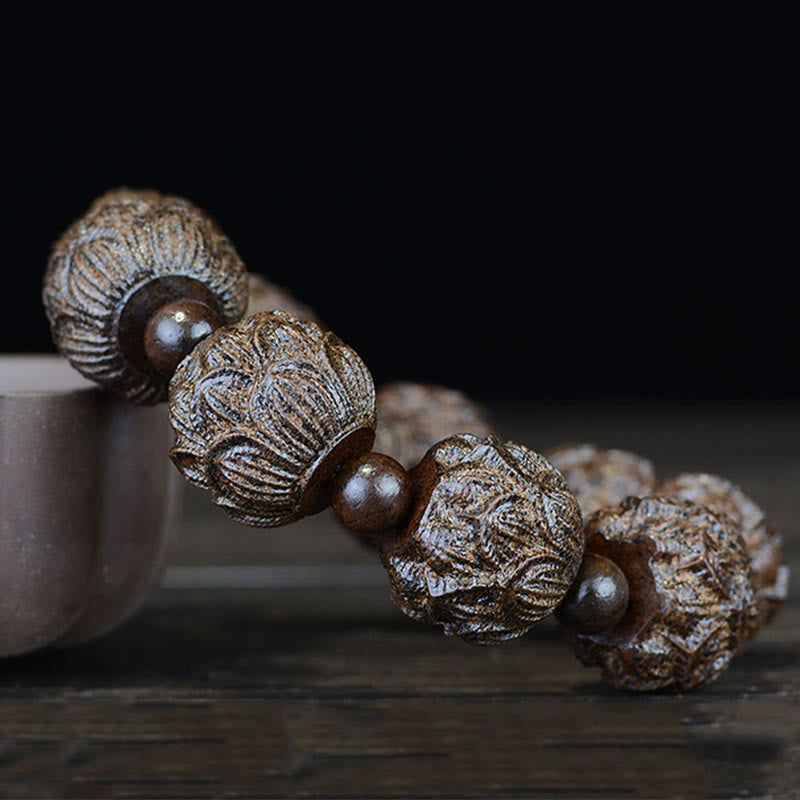 Wear FengShui Ebony Wood Eighteen Arhats Lotus Dragon Engraved Balance Bracelet