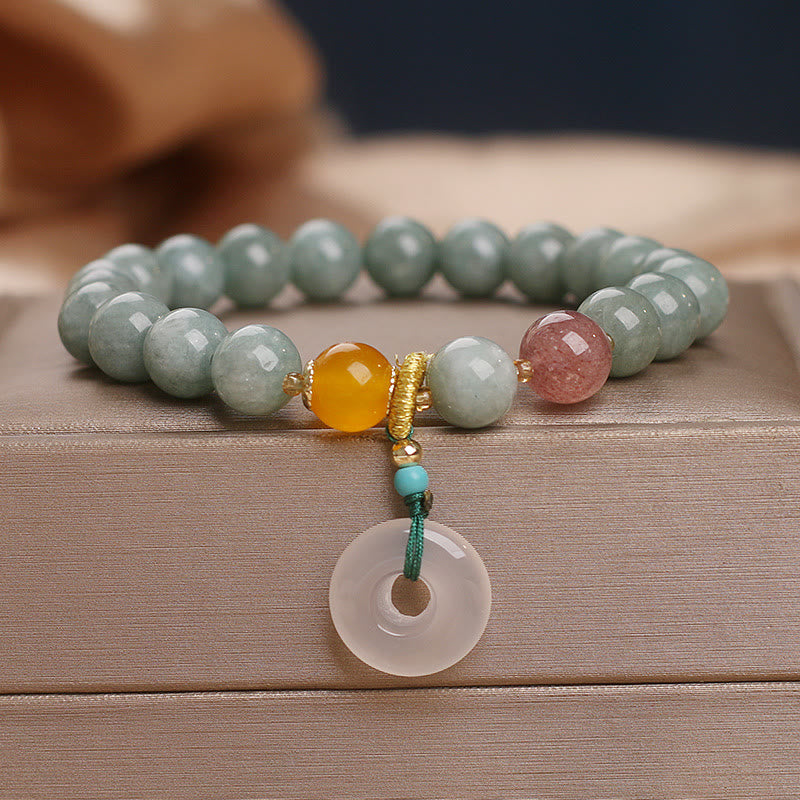 Wear FengShui Natural Jade Strawberry Quartz Bead Peace Buckle Prosperity Bracelet