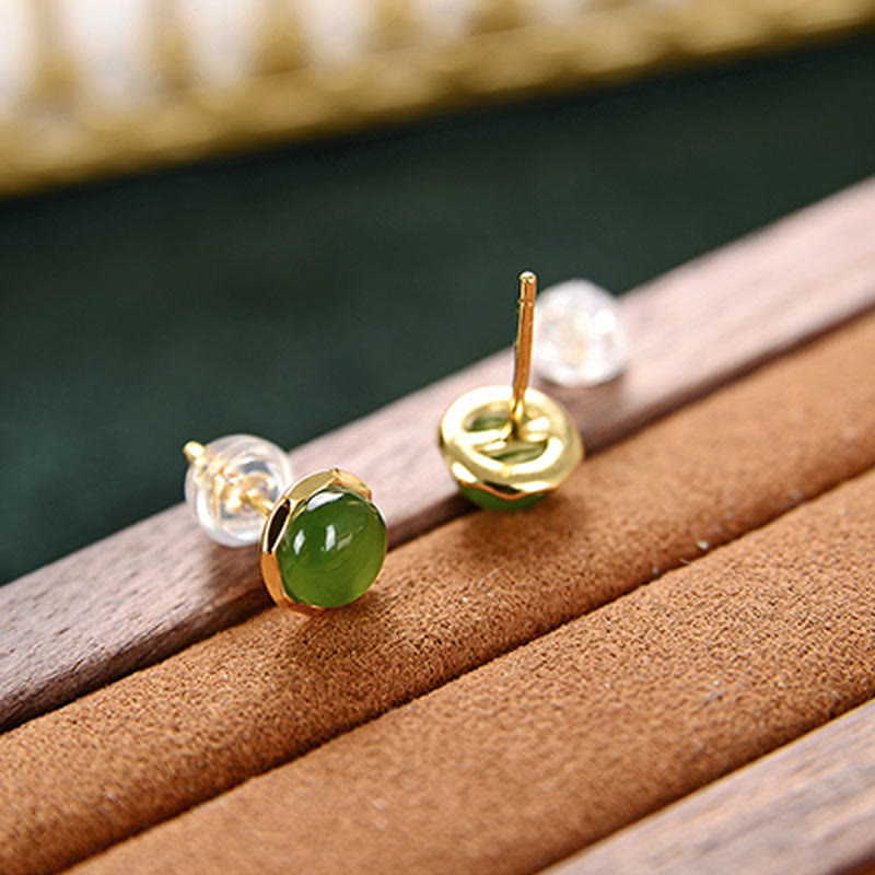 Wear FengShui 925 Sterling Silver Plated Gold Natural Hetian Cyan Jade Bead Luck Stud Earrings