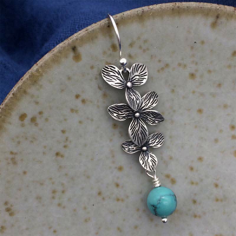 Wear FengShui 925 Sterling Silver Turquoise Lazurite Flower Leaf Serenity Protection Hook Drop Dangle Earrings