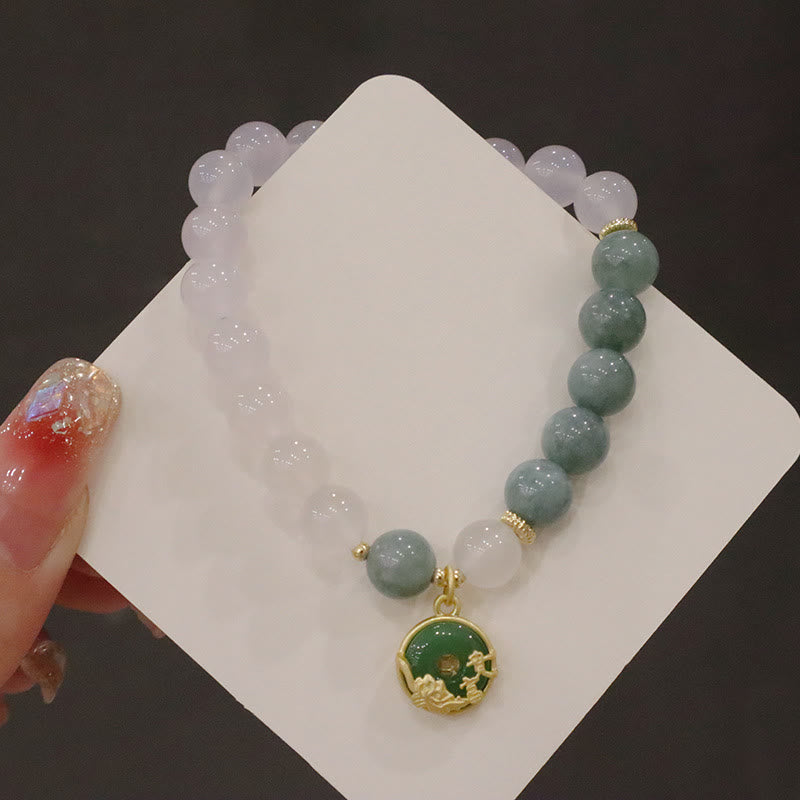 Wear FengShui White Agate Jade Lotus Flower Peace Buckle Protection Bracelet