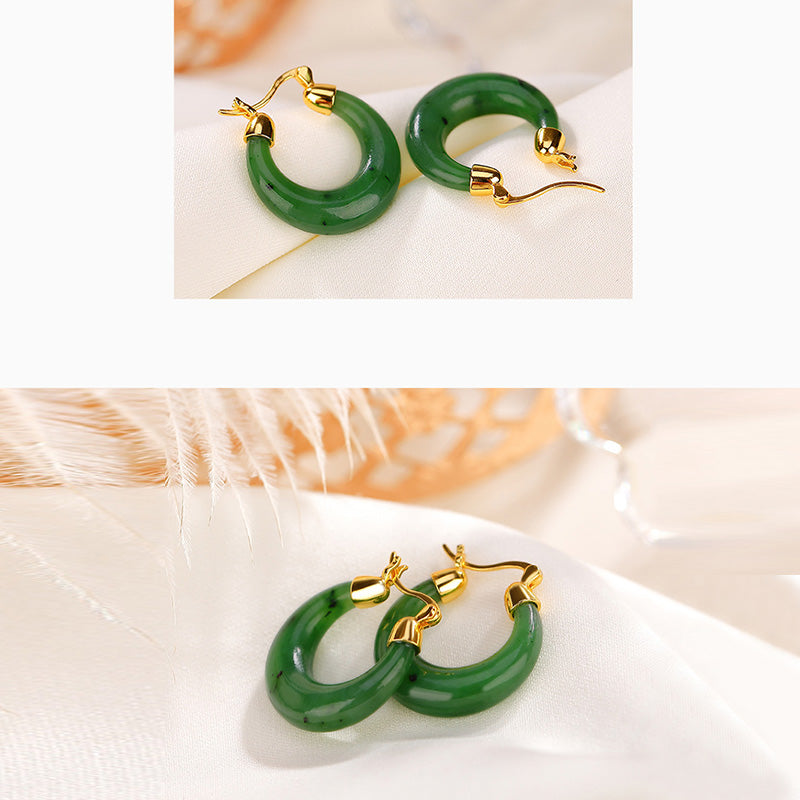 Wear FengShui 925 Sterling Silver Plated Gold Natural Round Hetian Cyan Jade Luck Drop Earrings