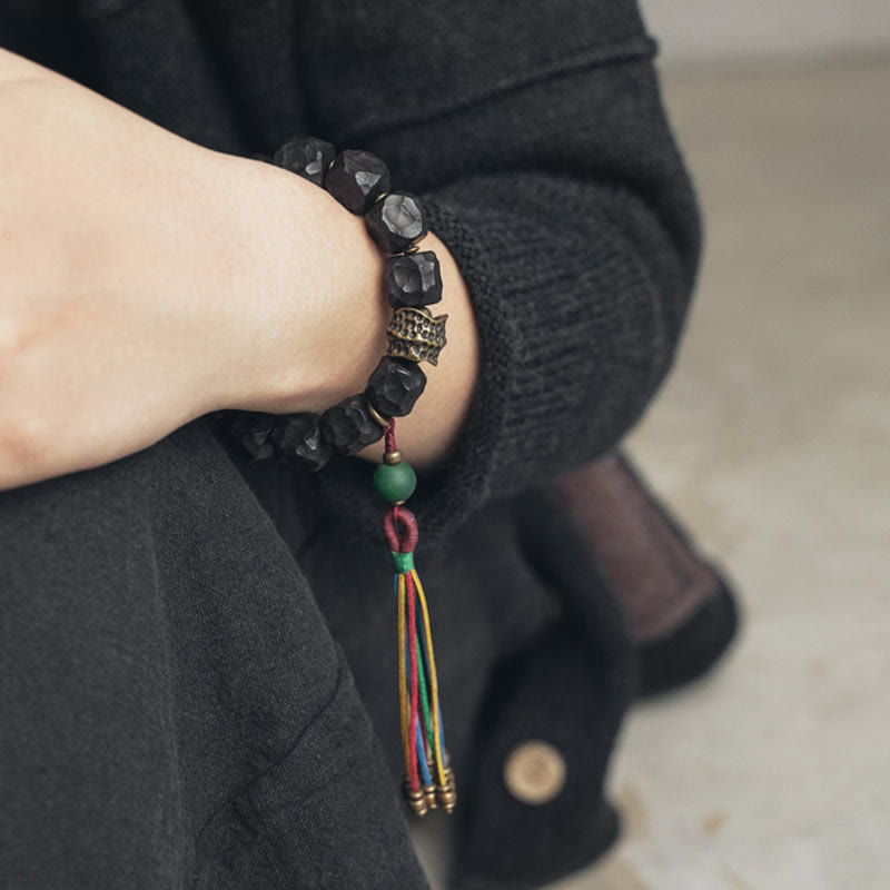 Wear FengShui Tibet Ebony Wood Copper Peace Tassel Wrist Mala Bracelet