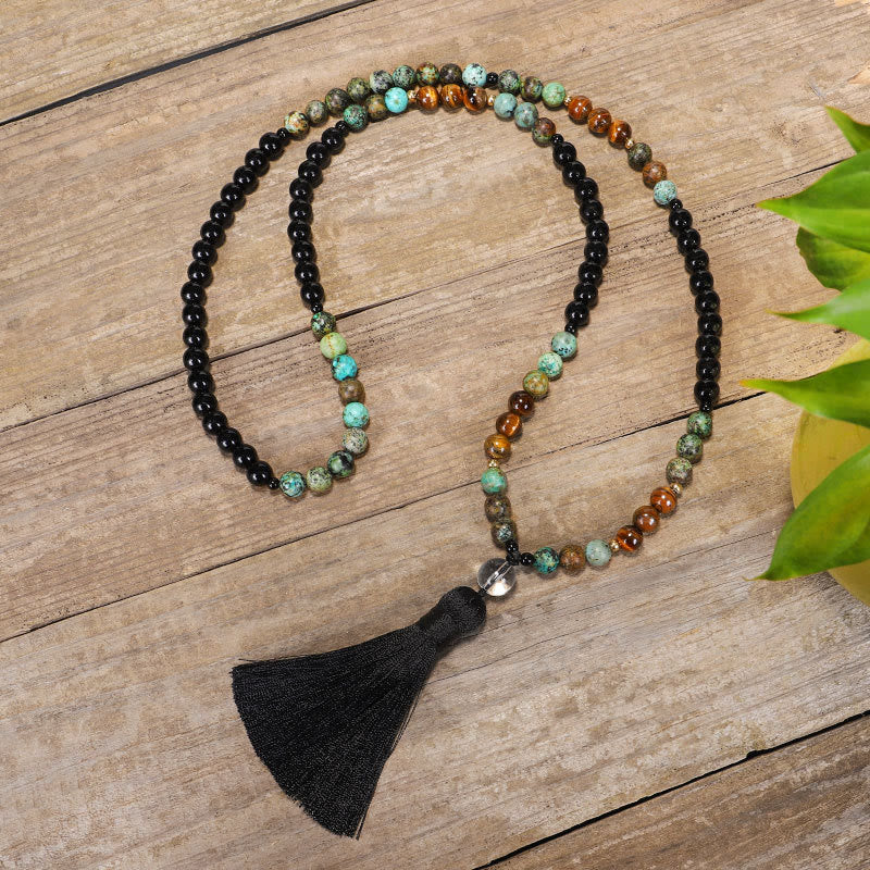 Wear FengShui 108 Mala Beads Natural Stone Tiger Eye Turquoise Protection Strength Bracelet Necklace