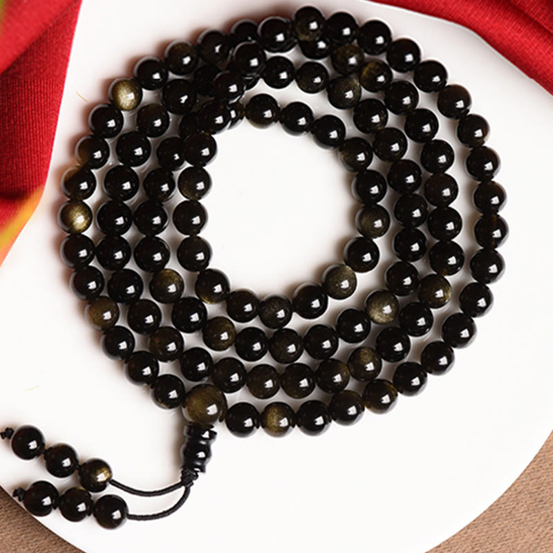 Wear FengShui 108 Mala Beads Natural Gold Sheen Obsidian Wealth Bracelet
