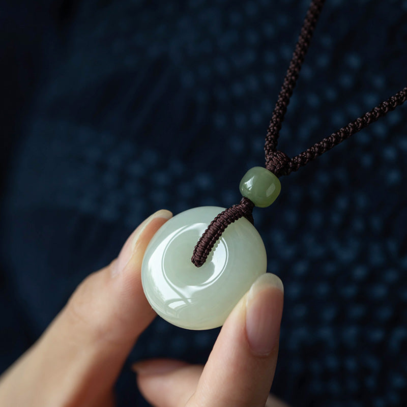 Wear FengShui Natural Round Jade Peace Buckle Luck Prosperity Necklace Pendant