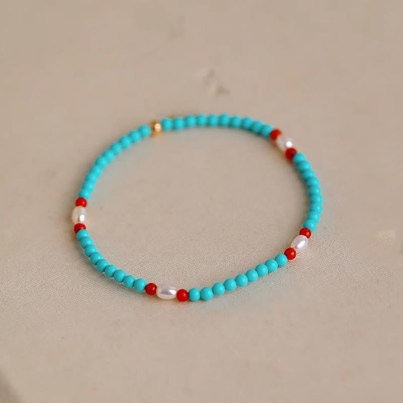 Wear FengShui Turquoise Red Agate Pearl Small Beaded Protection Bracelet
