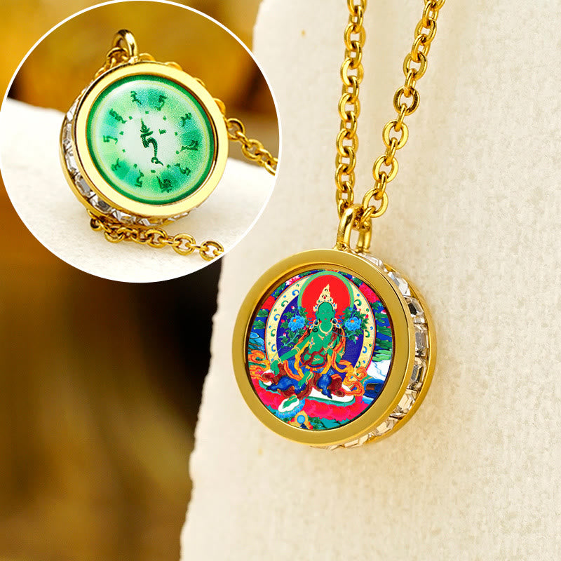 Wear FengShui Tibetan Yellow God Of Wealth Green Tara Buddha Serenity Titanium Steel Necklace Pendant