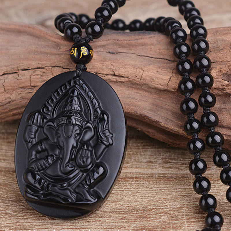 Wear FengShui Tibetan Obsidian Ganesh Ganpati Elephant Wealth Amulet Necklace