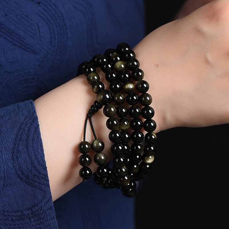 Wear FengShui 108 Mala Beads Natural Gold Sheen Obsidian Wealth Bracelet