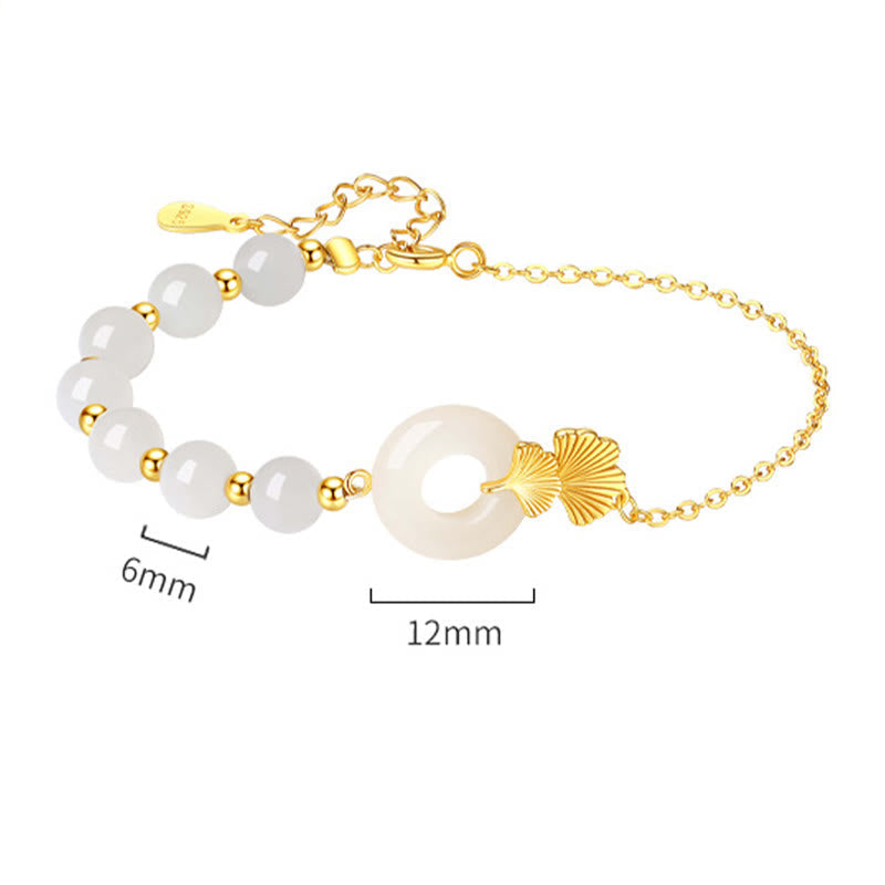 Wear FengShui 925 Sterling Silver Hetian White Jade Peace Buckle Ginkgo Leaf Luck Bracelet