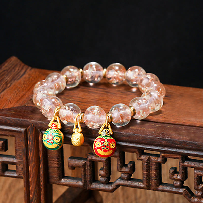 Wear FengShui Gold Swallowing Beast Family Charm Luminous Fluorescent Liuli Glass Bead Success Bracelet