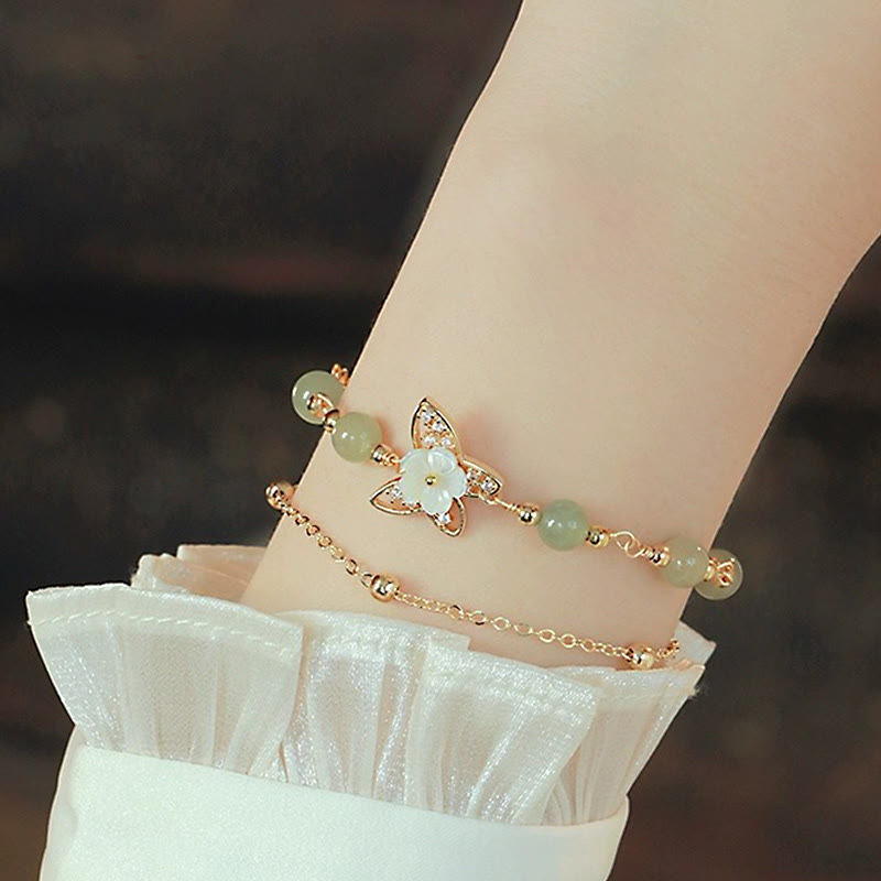 Wear FengShui 14K Gold Plated Jade Butterfly Tridacna Stone Flower Double Layer Luck Bracelet