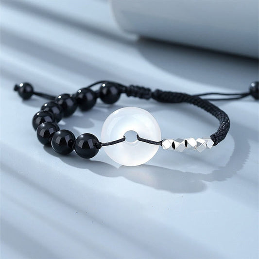 Wear FengShui 925 Sterling Silver Black Obsidian Agate Peace Buckle Strength Bracelet