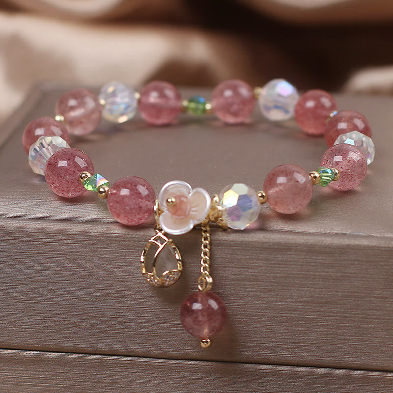 Wear FengShui Strawberry Quartz Rutilated Quartz Fluorite Flower Healing Bracelet
