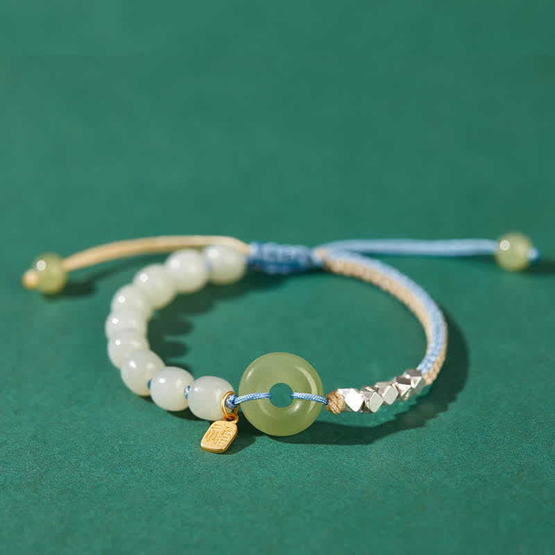 Wear FengShui 925 Sterling Silver Hetian Jade Peace Buckle Beaded Luck Happiness Charm Bracelet