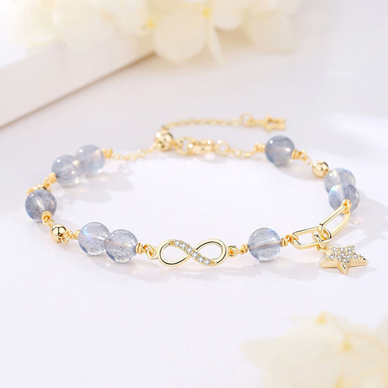 Wear FengShui 14K Gold Plated Natural Strawberry Quartz Moonstone Möbius Loop Eternal Love Star Positive Bracelet
