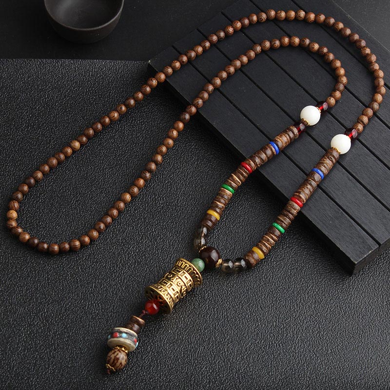 Wear FengShui Turquoise Dzi Bead Prayer Wheel Wenge Wood Meditation Necklace