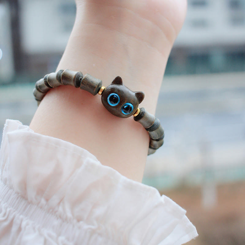 Wear FengShui Ebony Wood Green Sandalwood Cute Cat Peace Bracelet