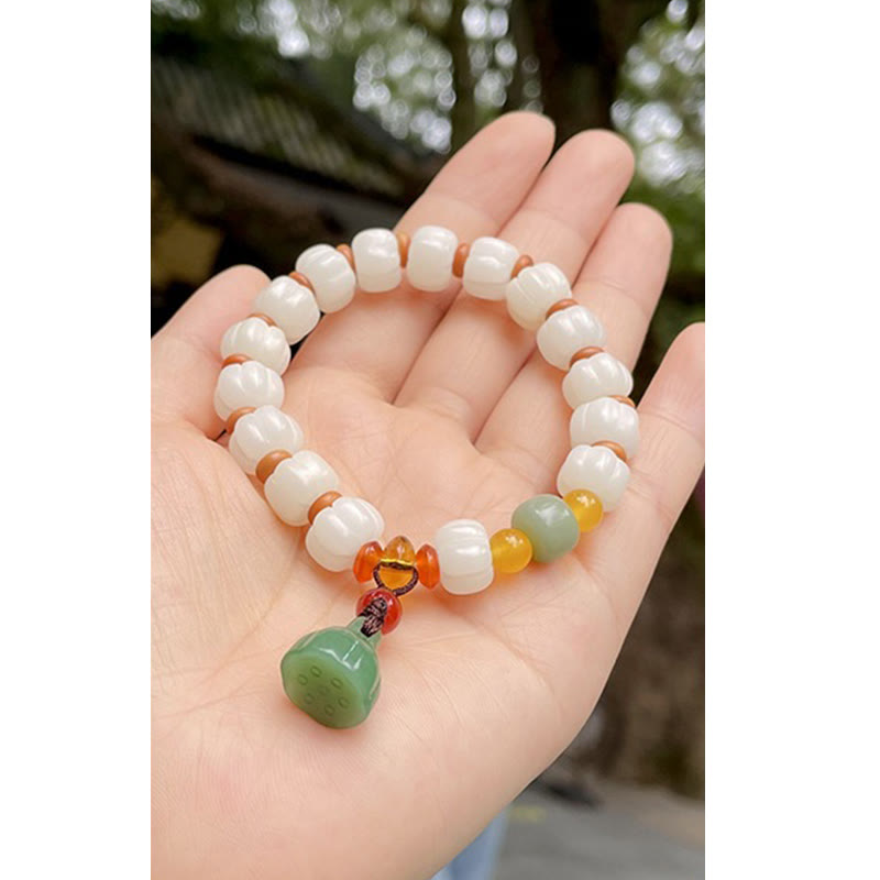 Wear FengShui Natural Bodhi Seed Red Agate Bodhi Calm Harmony Engraved Pumpkin Bead Lotus Bracelet