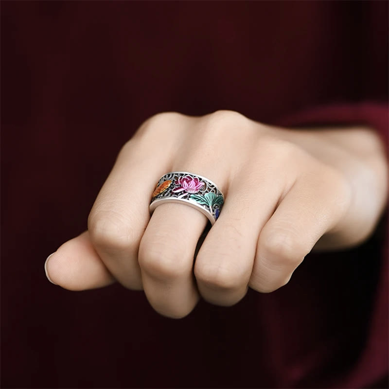 Wear FengShui Copper Blue Enamel Lotus Heart Sutra Koi Fish Luck Ring