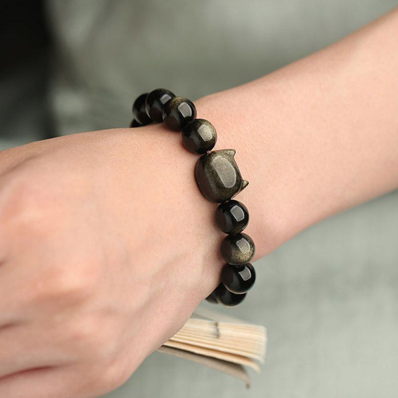 Wear FengShui Gold Sheen Obsidian Silver Sheen Obsidian Lovely Paw Lucky Cat Protection Bracelet