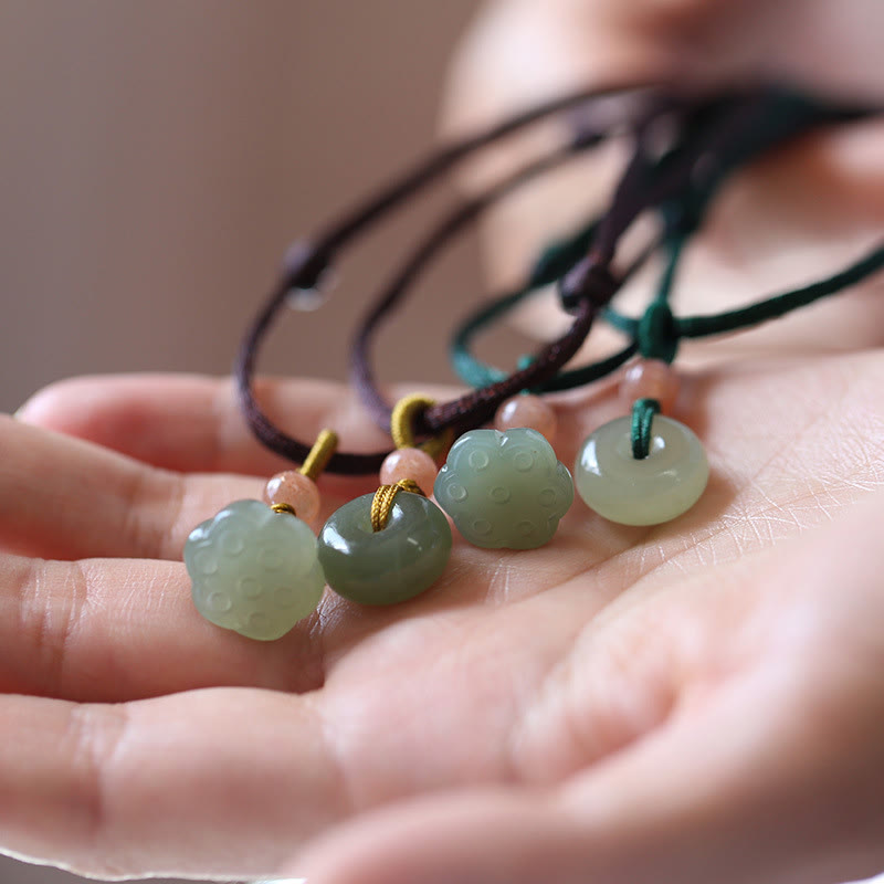 Wear FengShui Natural Round Jade Peace Buckle Lotus Abundance String Necklace Pendant