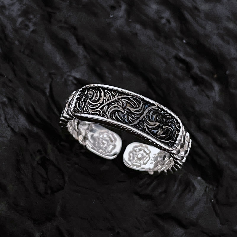 Wear FengShui Tang Dynasty Flower Design Engraved Copper Luck Cuff Bracelet Bangle Adjustable Ring