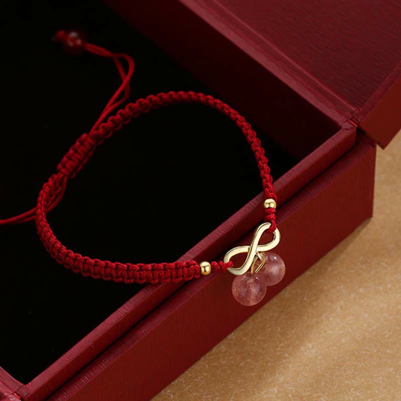 Wear FengShui Strawberry Quartz Crystal Endless Knot Love Healing Red String Weave Bracelet