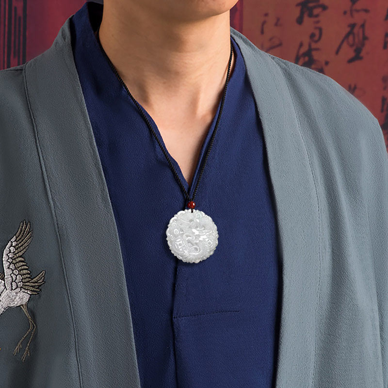 Wear FengShui White Jade Dragon Protection Necklace String Pendant