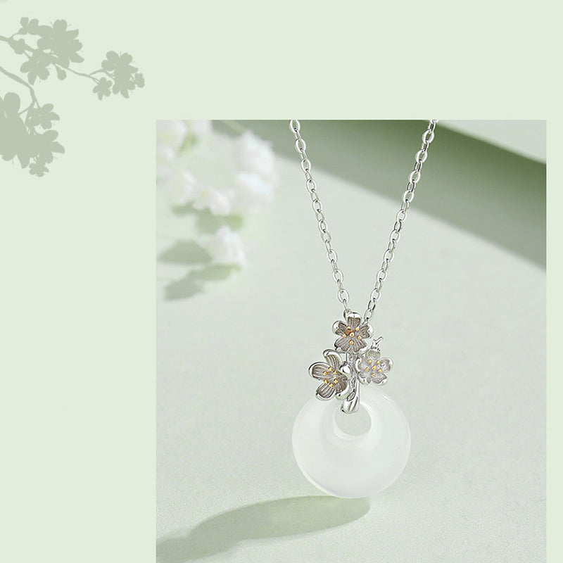 Wear FengShui 925 Sterling Silver Round Chalcedony Twelve Months Flower Harmony Necklace Pendant