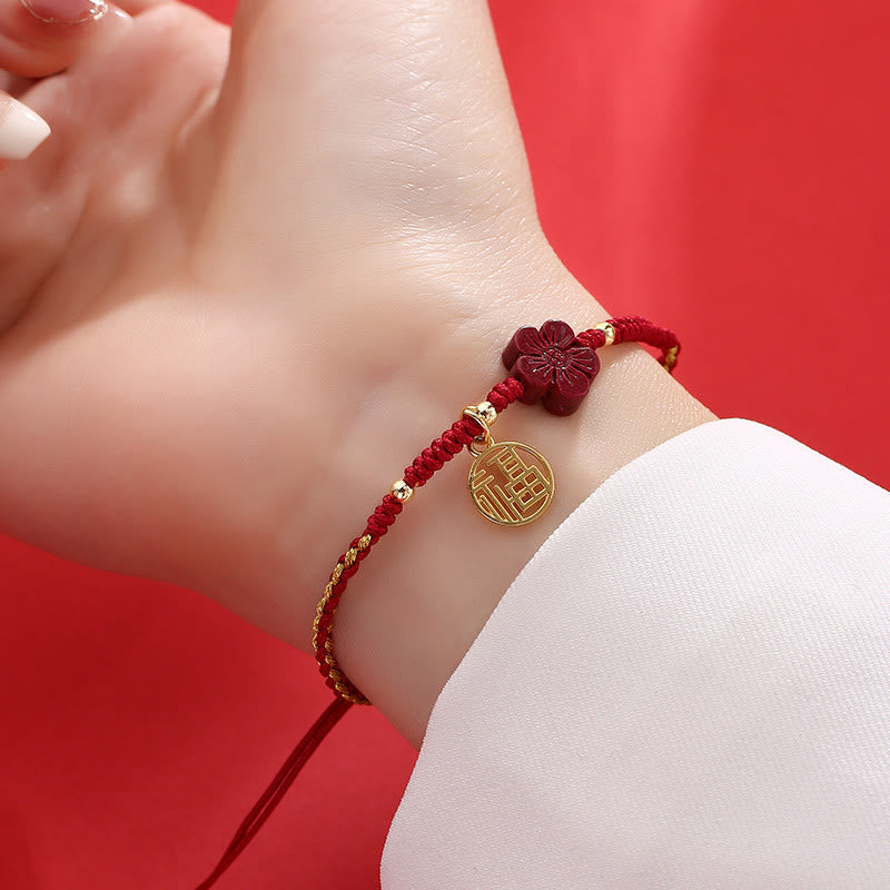 Wear FengShui Cinnabar Flower Fu Character Blessing Braided String Bracelet
