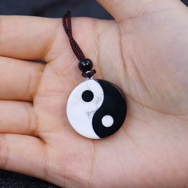 Wear FengShui Natural Black Obsidian White Turquoise Yin Yang Fulfilment Strength Necklace Pendant