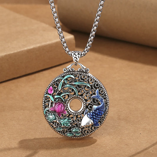 Wear FengShui Koi Fish Lotus Peace Buckle Fu Character Wealth Luck Necklace Pendant