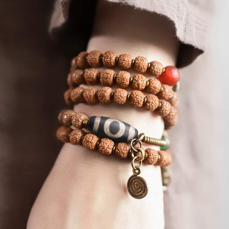 Wear FengShui 108 Mala Rudraksha Beads Bodhi Seed Dzi Bead Luck Auspiciousness Tassel Bracelet