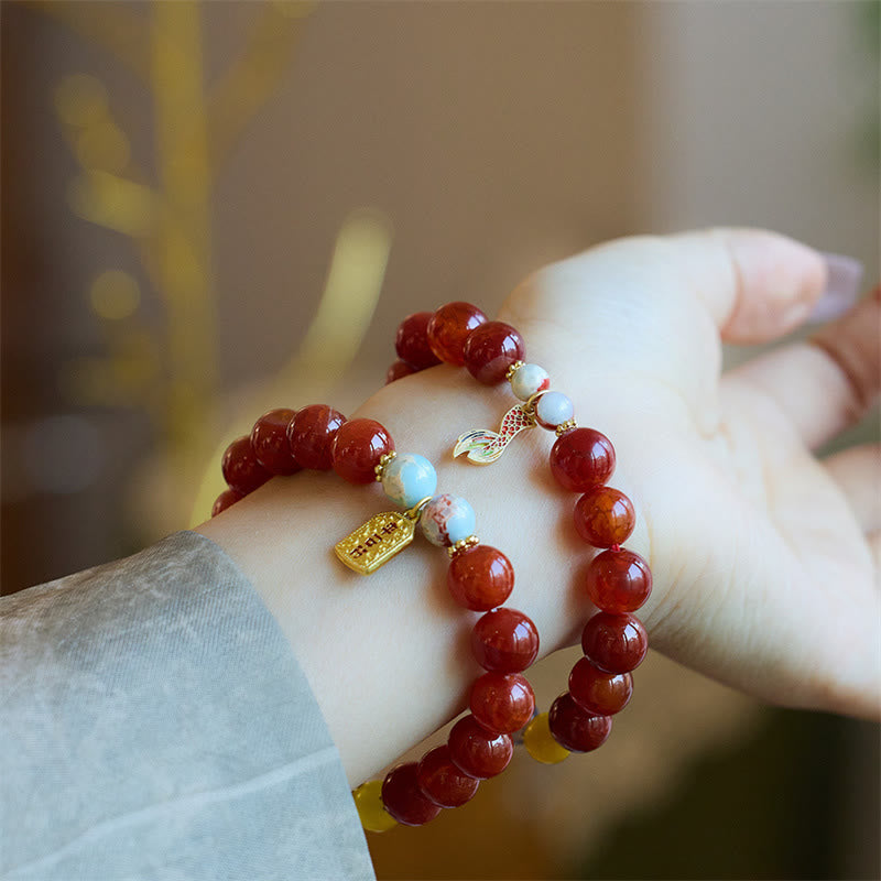Wear FengShui Natural Red Agate Peace Talisman Fu Character Dragon Tail Confidence Charm Bracelet