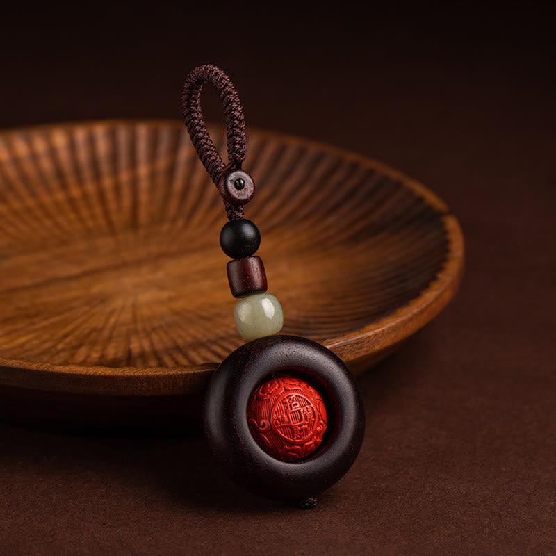 Wear FengShui Tibet Om Mani Padme Hum PiXiu Copper Coin Small Leaf Red Sandalwood Cinnabar Protection Key Chain
