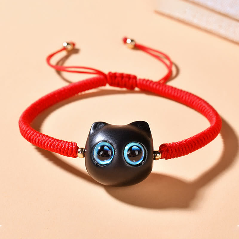 Wear FengShui Ebony Wood Cat Head Pattern Peace King Kong Knot Braided Bracelet