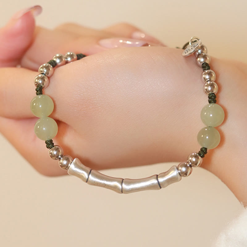 Wear FengShui 925 Sterling Silver Natural Jade Fu Character Bamboo Abundance Bracelet